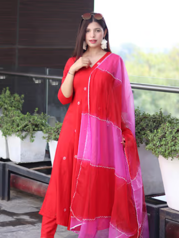 Red Embroidered Handworked Angarkha Pant with Dupatta