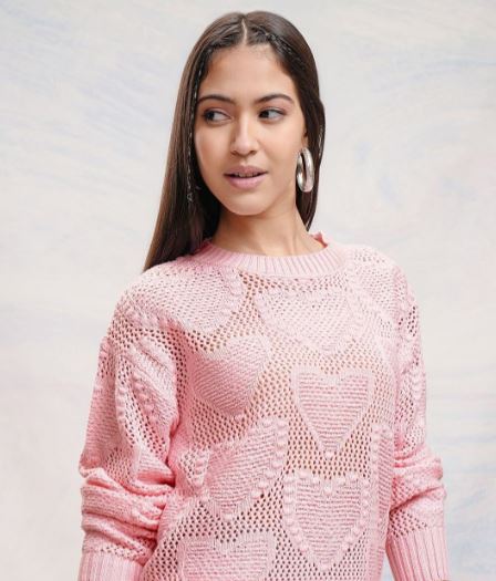 Tokyo Talkies Self Design Round Neck Casual Women Pink Sweater