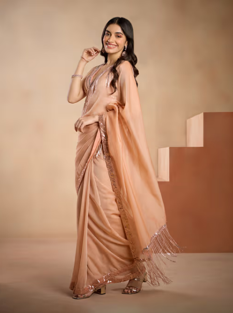 Peach Sequin Embellished with Fringe Detail Saree