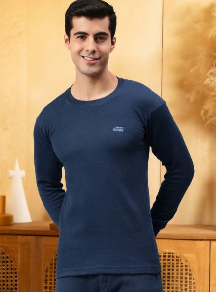 Cottswool Men Blue Solid Cotton Thermal Tops