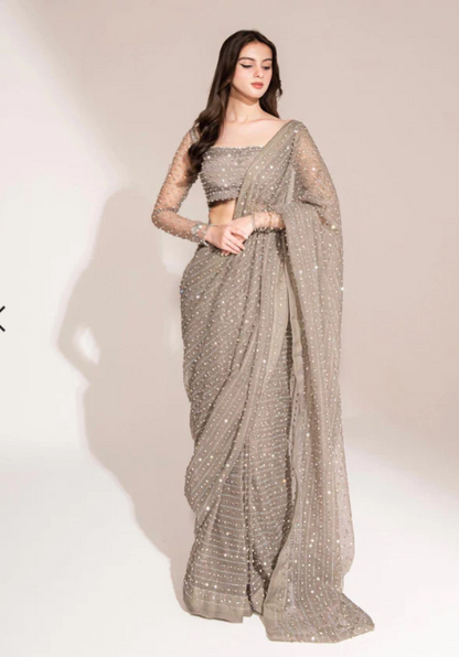 Fashionable Siroski Dimond work Grey Saree