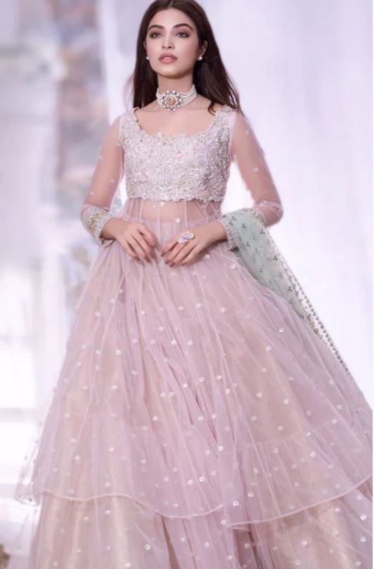 Women Castleton Pink Sequins Embroidered Net Lehenga Gown Designs