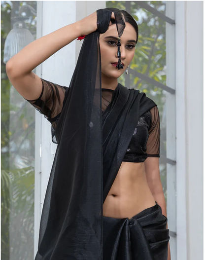 Black Friday Chiffon Organza Saree with Mirror Pendants and Blouse Fabric