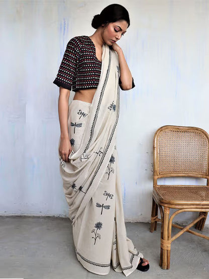 Chidiyaa Ivory Black Dragonfly Block Printed Cotton Mul Saree God with Unstitched Blouse