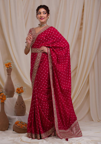 Koskii Rani Pink Zari & Sequins Work Raw Silk Saree with Unstitched Blouse