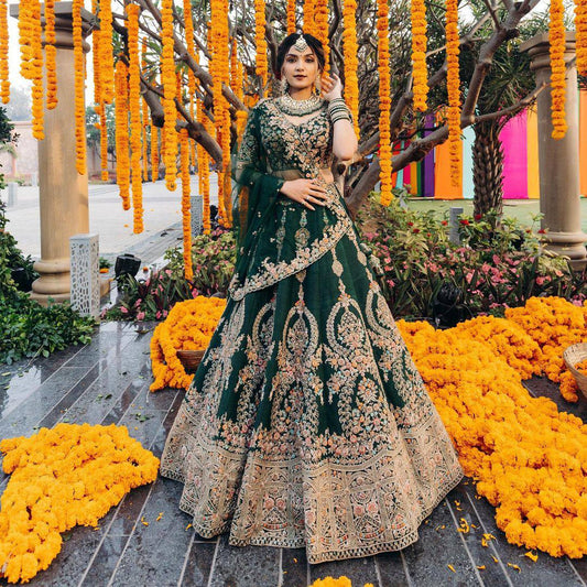 Dark green colour beautiful embroidery sequence work lehenga choli