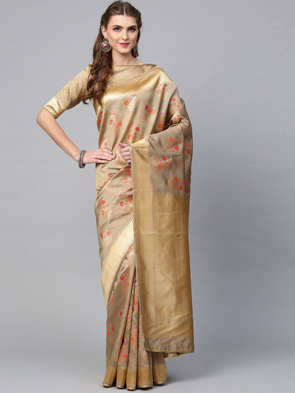 Inddus Beige & Red Silk Blend Woven Design Saree by Myntra