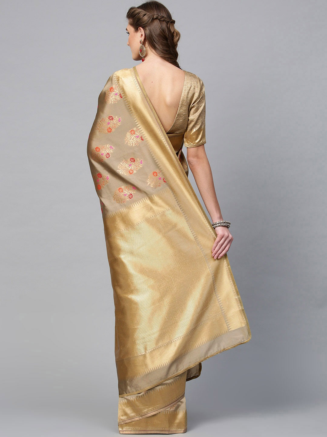 Inddus Beige & Red Silk Blend Woven Design Saree by Myntra