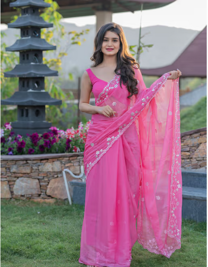 Hot Pink Mirror Work Saree