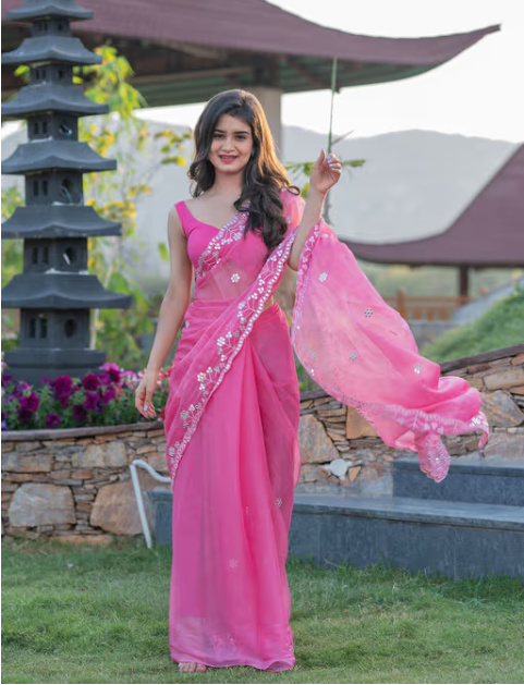 Hot Pink Mirror Work Saree