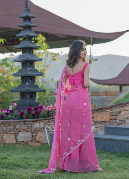 Hot Pink Mirror Work Saree