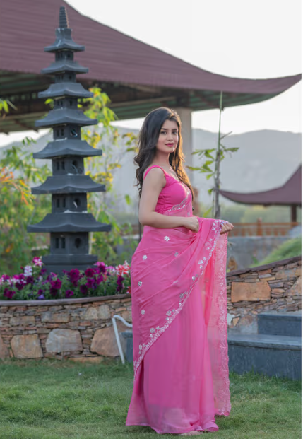 Hot Pink Mirror Work Saree