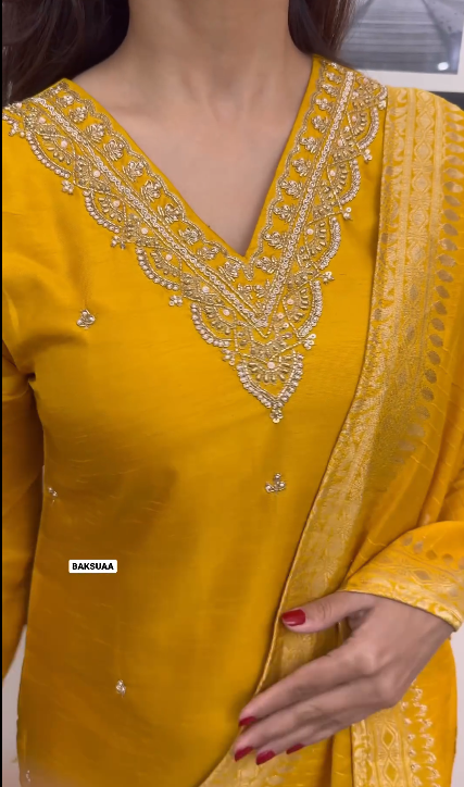 Womanista Women Mustard Silk Blend Thread & Zari Work Kurta