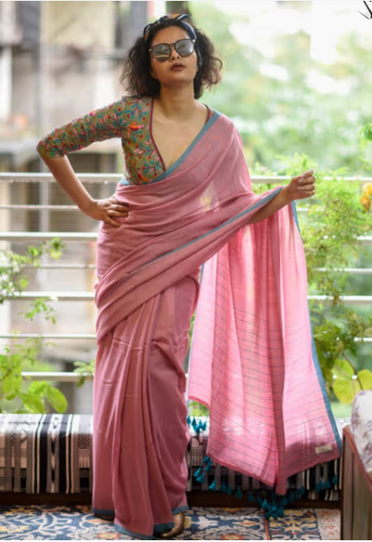 Pink Solid Mul Viscose Saree without Blouse