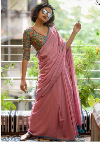 Pink Solid Mul Viscose Saree without Blouse