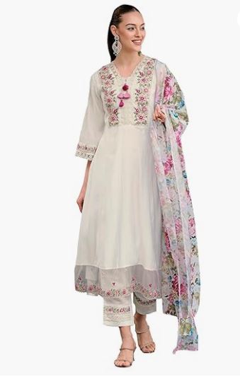 Women's Silk Blend Embroidered A-Line Kurta Pant With Dupatta Set