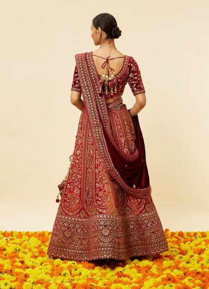 Cherry red and Sunrise Orange Rhinestone Work Bridal Lehenga