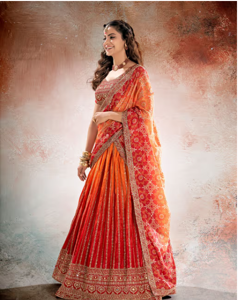 Red & Orange Semi Stitched Lehenga and Unstitched Choli with Dupatta