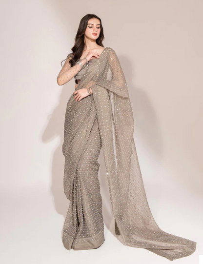 Fashionable Siroski Dimond work Grey Saree