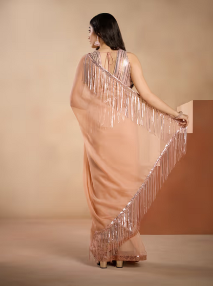 Peach Sequin Embellished with Fringe Detail Saree