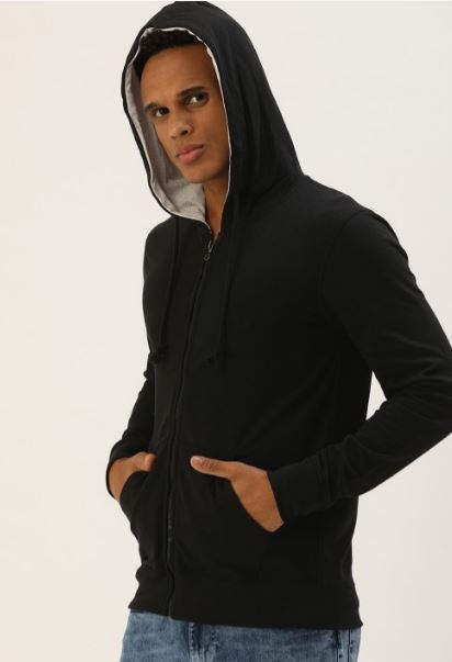 Men - Black Loose Fit Zip-through hoodie