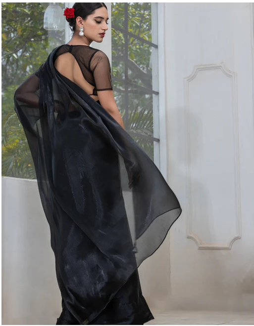 Black Friday Chiffon Organza Saree with Mirror Pendants and Blouse Fabric