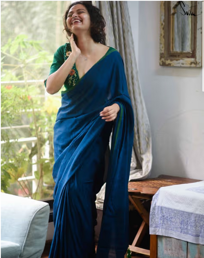 Suta Blue Solid Cotton Viscose Saree With Tassled Pallu and Without Blouse