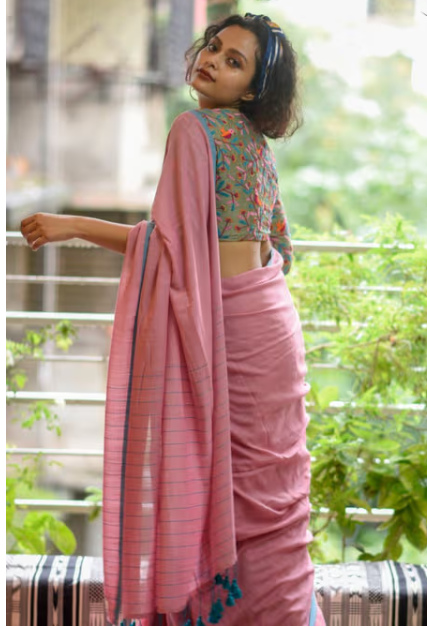 Pink Solid Mul Viscose Saree without Blouse