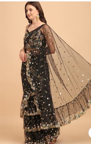 JATRIQQ Embellished Sequinned Net Saree