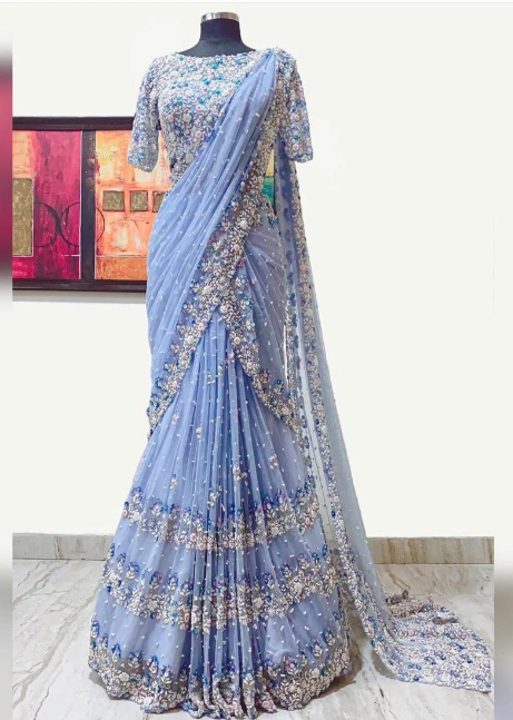 Blue Raw Silk Round Embroidered Lehenga Saree With Blouse For Women