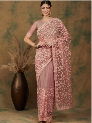 Light Pink Floral Embroidered Net Saree