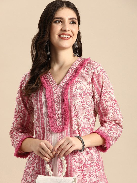 Women Floral Printed Regular Mirror Work Pure Cotton Kurta with Trousers