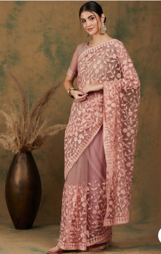 Light Pink Floral Embroidered Net Saree