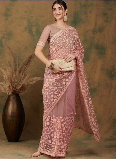 Light Pink Floral Embroidered Net Saree