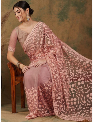 Light Pink Floral Embroidered Net Saree