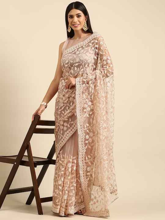 all about you Peach-Coloured Net Embroidered Saree by Myntra