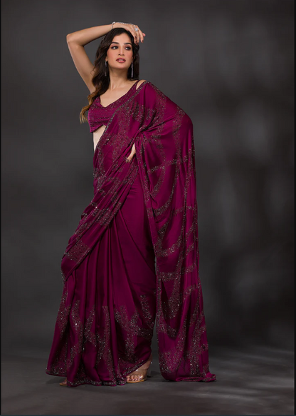 Wine Stonework Satin Designer Saree