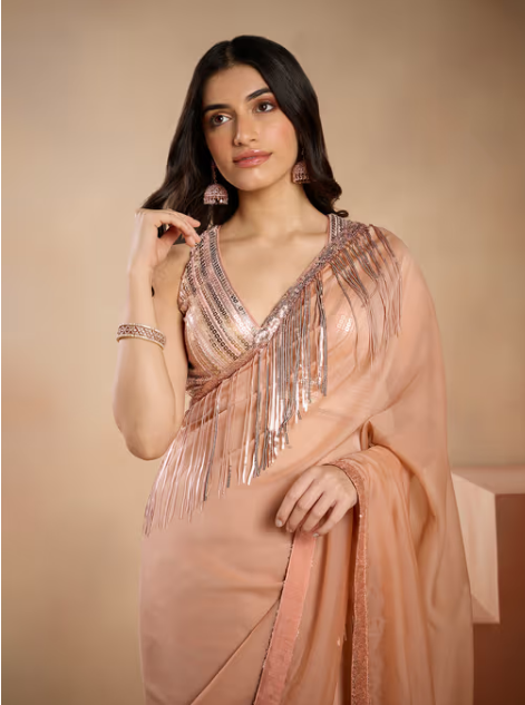 Peach Sequin Embellished with Fringe Detail Saree