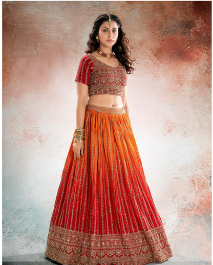 Red & Orange Semi Stitched Lehenga and Unstitched Choli with Dupatta