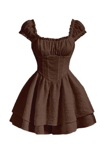 Square Neck Textured Waist-Cinching Chocolate Brown Dress