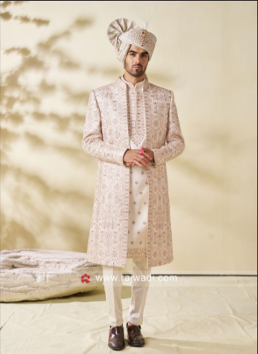 Designer Jacket Style Embroidered Cream Sherwani