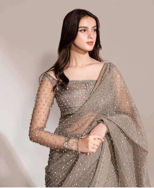 Fashionable Siroski Dimond work Grey Saree