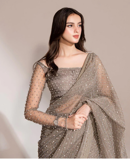 Fashionable Siroski Dimond work Grey Saree