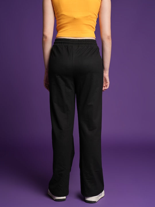 Women Black Mid-Rise Wide Leg Track Pants