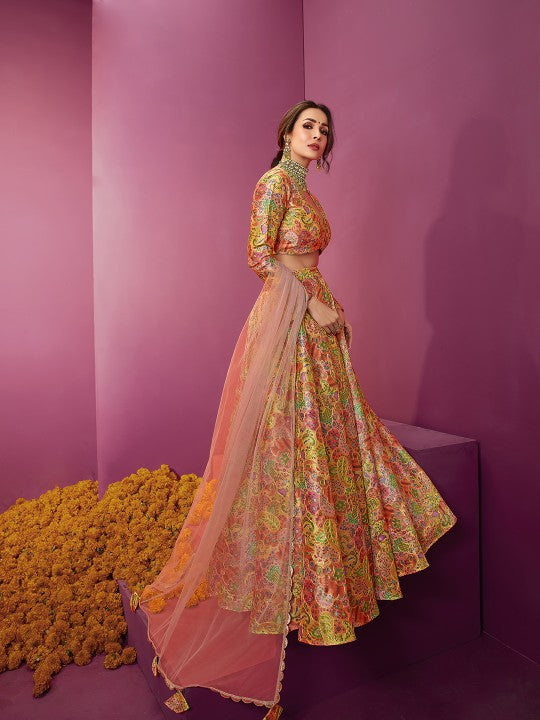 Multicoloured Embroidered Thread Work Semi-Stitched Lehenga & Unstitched Blouse With Dupatta