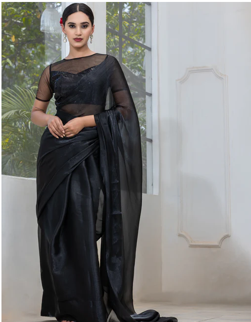 Black Friday Chiffon Organza Saree with Mirror Pendants and Blouse Fabric