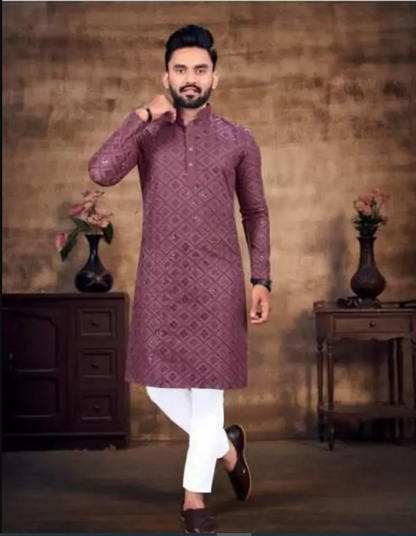 Nellist  Men Embroidered Cotton Silk Straight Kurta  (Purple)