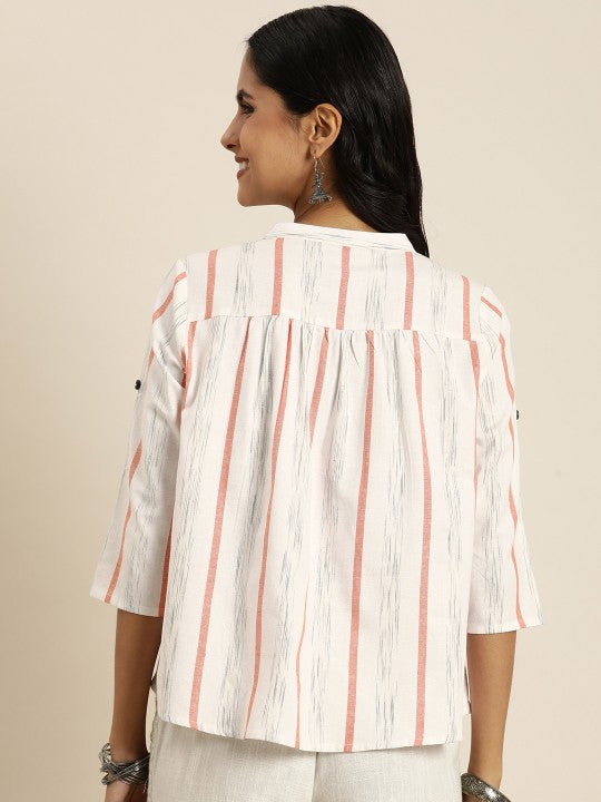 Striped Roll-Up Sleeves Cotton Shirt Style Top