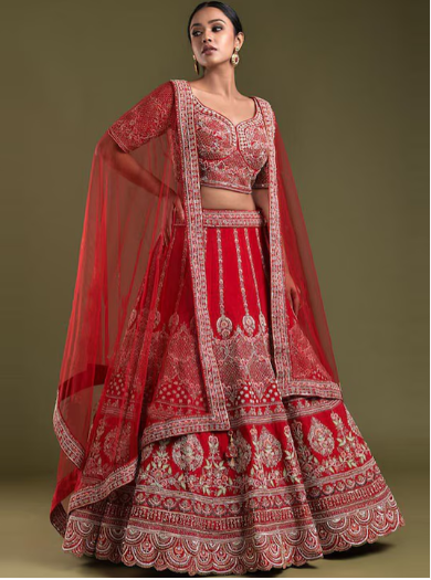 Red & Silver-Toned Embroidered Sequinned Shibori Semi-Stitched Lehenga & Blouse With Dupatta