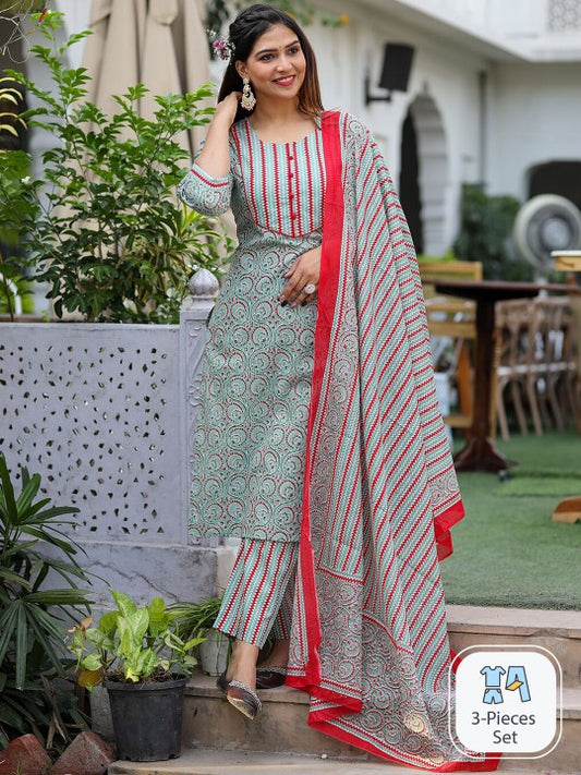 Ethnic Motifs Printed Regular Pure Cotton Kurta With Trousers & Dupatta